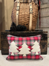 Load image into Gallery viewer, Red plaid shirt with pocket pillow, grainsack trees
