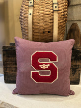 Load image into Gallery viewer, "S" Pillow w Trumpet - thrifted shirt, New Poly Insert, Vintage Letter 16x16
