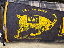 Load image into Gallery viewer, Navy Vintage Pennant Pillow Thrifted shirt, new poly insert, vintage pennant, custom piping, 12x28
