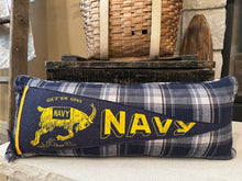 Load image into Gallery viewer, Navy Vintage Pennant Pillow Thrifted shirt, new poly insert, vintage pennant, custom piping, 12x28

