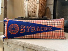 Load image into Gallery viewer, Lg Blue Syracuse Pennant Pillow- 14x36 new poly insert, custom piping, thrifted shirt, vintage pennant
