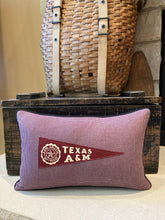 Load image into Gallery viewer, “A&amp;M” Pennant Pillow - thrifted shirt, new down insert, vintage pennant, custom piping, 12x18
