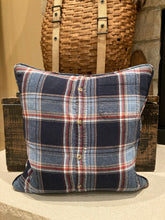Load image into Gallery viewer, "L" pillow (Burgundy/White) - thrifted shirt, new down insert, vintage letter, custom piping, 18x18
