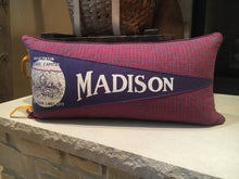 Load image into Gallery viewer, "Madison" Pennant Pillow - thrifted shirt, new poly insert, custom piping, vintage pennant
