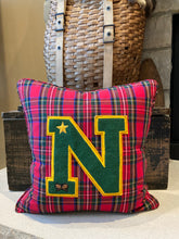 Load image into Gallery viewer, "N" pillow - (yellow/green) - thrifted shirt, new down insert, vintage letter, custom piping, 18x18
