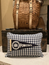 Load image into Gallery viewer, Penn State Pennant Pillow - thrifted shirt, new poly insert, vintage pennant, custom piping, 12x18
