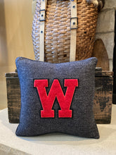 Load image into Gallery viewer, "W" pillow (Red/Black) - thrifted shirt, new down insert, vintage letter, custom piping, 16x16
