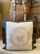 Load image into Gallery viewer, Wisconsin Experiment Association sack with pieced fabric, zipper closure, Crate &amp; Barrel down insert
