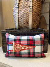 Load image into Gallery viewer, UW Pennant Pillow (red Ties) - thrifted shirt, new down insert, vintage pennant, custom piping, 12x18
