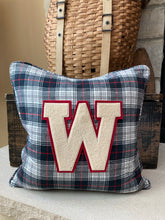 Load image into Gallery viewer, "W" pillow (White/Red) - thrifted shirt, new down insert, vintage letter, custom piping, 18x18
