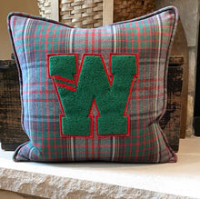 Load image into Gallery viewer, "W" Pillow (green/red)  - thrifted shirt, new down insert, vintage letter, custom piping, 18x18

