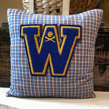 Load image into Gallery viewer, "W" Pillow (Yellow/Blue) - Used shirt, New Poly Insert, Vintage Letter 16*16
