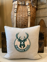Load image into Gallery viewer, Milwaukee Bucks Logo Pillow Thrifted shirt, new down insert, custom piping, 18x18

