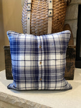 Load image into Gallery viewer, &quot;E&quot; pillow (Red/White) - thrifted shirt, new down insert, vintage letter, custom piping, 18x18
