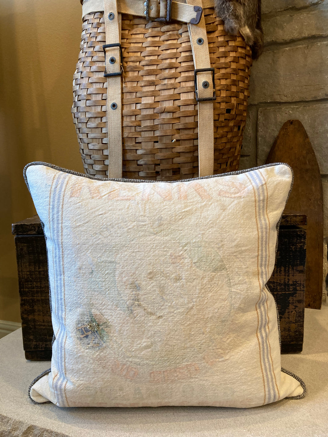 Renk's Vicland Oats Sack pillow, fabric back with custom piping, zipper closure, 20x20 down insert