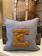 Load image into Gallery viewer, &quot;E&quot; Pillow (Yellow/Purple) - thrifted shirt, new down insert, Jane&#39;s vintage letter, custom piping, 18x18
