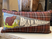 Load image into Gallery viewer, Bear Mountain Pennant Pillow- 14x28, new poly insert, custom piping, thirfted shirt, vintage pennant (Lesley's)
