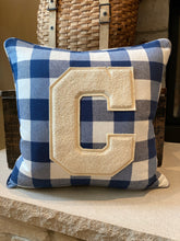 Load image into Gallery viewer, &quot;C&quot; Pillow - Cream - thrifted shirt, new down insert, vintage letter, custom piping, 20x20
