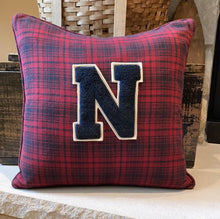 Load image into Gallery viewer, "N" Pillow (blue/white) - thrifted shirt, new down insert, vintage letter, custom piping, 18x18
