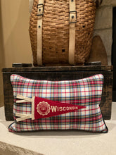 Load image into Gallery viewer, UW Pennant Pillow (white Ties) - thrifted shirt, new poly insert, vintage pennant, custom piping, 12x18
