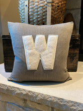 Load image into Gallery viewer, "W" Pillow (cream/cream) - thrifted skirt, new down insert, vintage letter, zipper, 18x18

