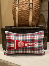 Load image into Gallery viewer, UW Pennant Pillow (red Ties) - thrifted shirt, new poly insert, vintage pennant, custom piping, 12x18
