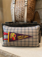Load image into Gallery viewer, Chain of Lakes Pennant Pillow - thrifted shirt, new poly insert, custom piping 12x20
