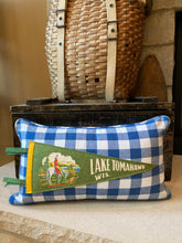 Load image into Gallery viewer, "Lake Tomahawk Wis" Pennant Pillow - thrifted shirt, new poly insert, vintage pennant, custom piping, 12x20
