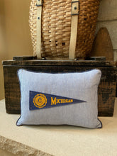 Load image into Gallery viewer, "University of Michigan" Pennant Pillow - thrifted shirt, new poly insert, vintage pennant, custom piping, 12x16
