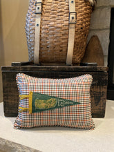 Load image into Gallery viewer, La Crosse WI - Pennant Pillow - thrifted shirt, new poly insert, vintage pennant, custom piping, 12x16
