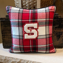 Load image into Gallery viewer, "S" Pillow - (red/white - "T") - new fabric, new down insert, vintage letter, custom piping, button back, 16x16
