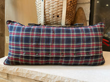 Load image into Gallery viewer, &quot;Antigo&quot; Pennant Pillow - thrifted shirt, new down insert, vintage pennant, custom piping, 15x30
