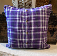 Load image into Gallery viewer, "L" Pillow (purple/white) - thrifted shirt, new down insert, vintage letter, custom piping, 16x16
