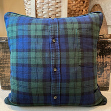 Load image into Gallery viewer, “T” Pillow - (blue/white - football) - thrifted shirt, new down insert, custom piping, 18x18
