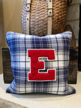 Load image into Gallery viewer, &quot;E&quot; pillow (Red/White) - thrifted shirt, new down insert, vintage letter, custom piping, 18x18
