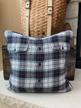 Load image into Gallery viewer, "W" pillow (White/Red) - thrifted shirt, new down insert, vintage letter, custom piping, 18x18
