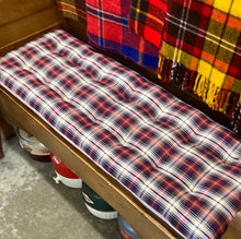 Load image into Gallery viewer, Blue Stripe Grainsack &amp; Red/Blue Plaid Bench Cushion - tufted 50x19
