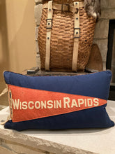 Load image into Gallery viewer, WI Rapids Pennant pillow - thrifted shirt, new down insert, vintage pennant, custom piping, 16x26
