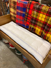 Load image into Gallery viewer, Blue Stripe Grainsack &amp; Red/Blue Plaid Bench Cushion - tufted 50x19
