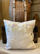 Load image into Gallery viewer, Grain sack pillow with 2 flowers, button closure on front and patched ticking back, 18x18 down insert
