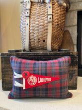 Load image into Gallery viewer, University of Louisville Pennant Pillow- 12x16, new poly insert, custom piping, thirfted shirt, vintage pennant
