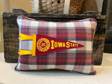 Load image into Gallery viewer, "Iowa State" Pennant Pillow - thrifted shirt, new poly insert, vintage pennant, custom piping, 12x16
