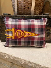 Load image into Gallery viewer, "University of Minnesota" Pennant Pillow - thrifted shirt, new poly insert, vintage pennant, custom piping, 12x16

