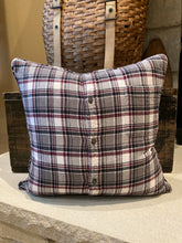 Load image into Gallery viewer, &quot;B&quot; pillow (burgundy/black) - thrifted shirt, new down insert, vintage letter, custom piping, 18x18
