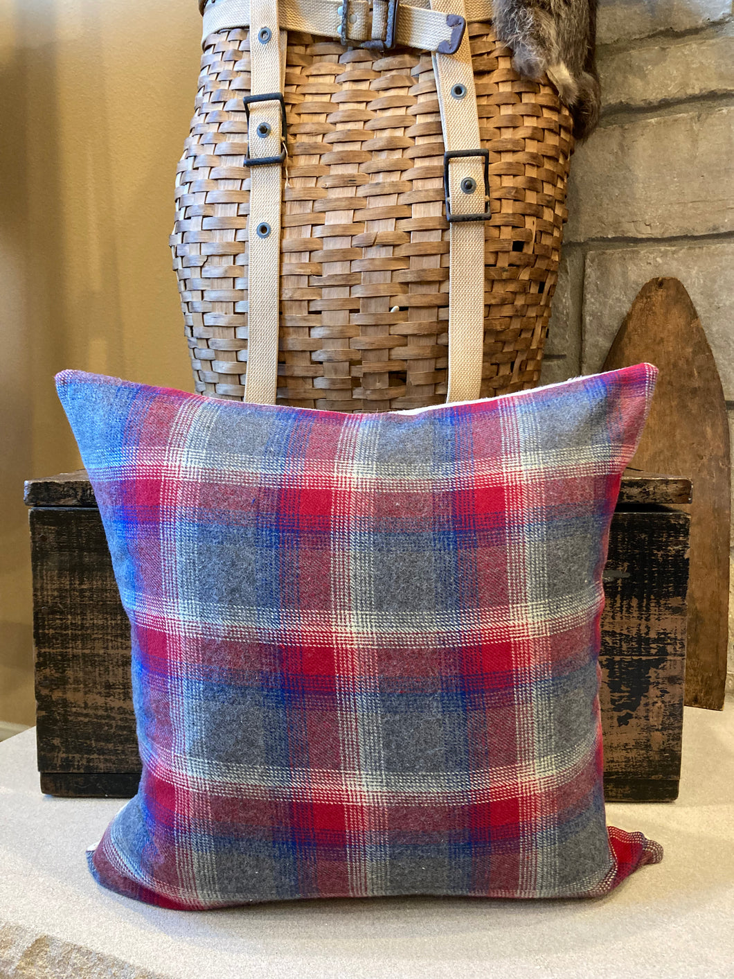 Bemis Seamless Grain sack pillow, new flannel with button back, 18x18 down insert