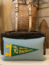 Load image into Gallery viewer, Green Bay Packers w Kicker Vintage Pennant Pillow Thrifted shirt, new poly insert, vintage pennant, custom piping, 12x20
