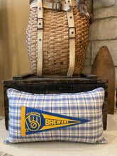 Load image into Gallery viewer, Milwaukee Brewers Vintage Glove (78-93) Pennant Pillow Thrifted shirt, new poly insert, vintage pennant, custom piping, 12x20
