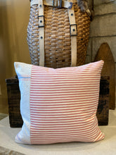 Load image into Gallery viewer, Grain sack pillow with 2 flowers, button closure on front and patched ticking back, 18x18 down insert
