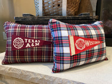 Load image into Gallery viewer, "UW" Pennant Pillow - thrifted shirt, new poly insert, vintage pennant, custom piping, 12x16
