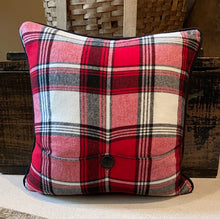 Load image into Gallery viewer, "S" Pillow - (red/white - "T") - new fabric, new down insert, vintage letter, custom piping, button back, 16x16
